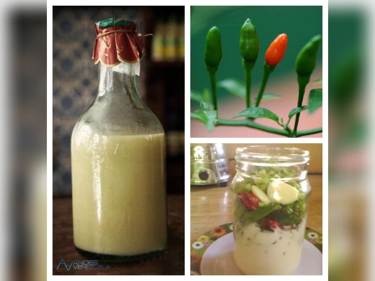 Frasco de vidrio con ají de leche trujillano, salsa espesa con trocitos verdes
